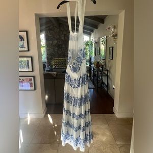 Dea Crosstitch Linen Embroidered Tiered Maxi White/ Blue by Milly